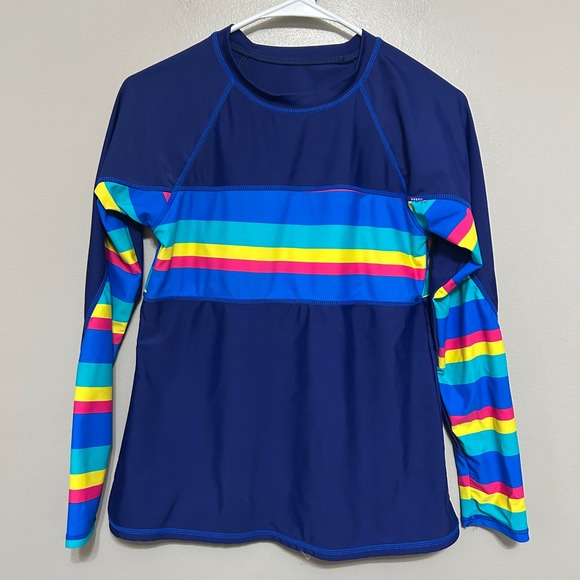 Unbranded Other - Girl Rash Guard Shirt Navy Blue Rainbow Stripe Long Sleeve Swim Top Built in Bra
